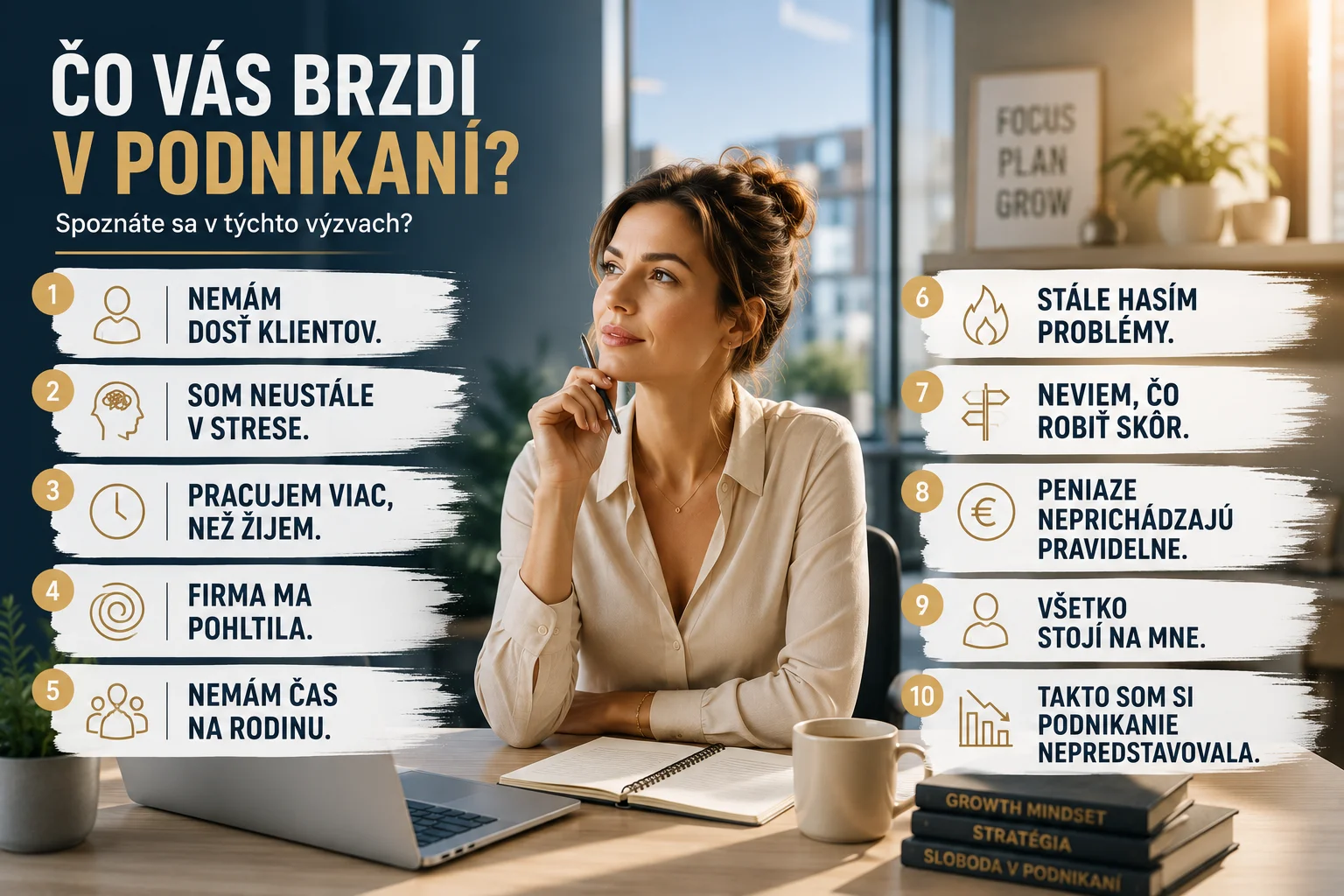 Žena podnikateľka premýšľa nad najčastejšími problémami podnikania v modernej kancelárii.